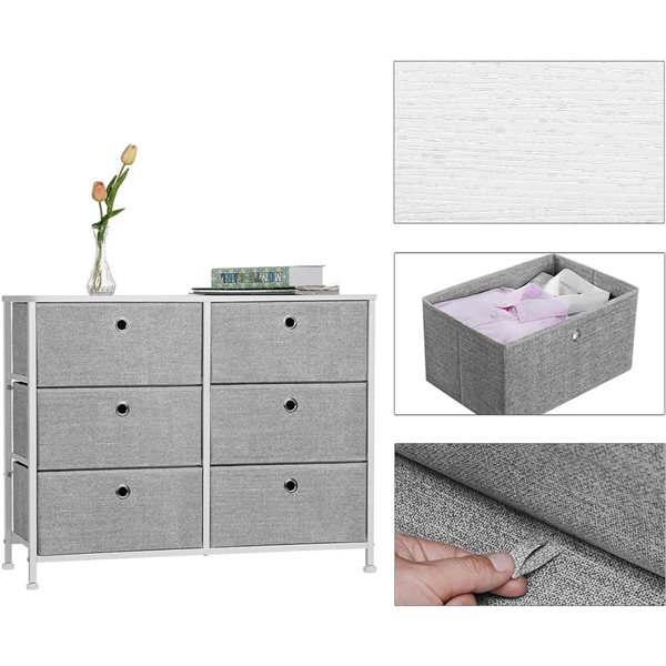 Boutique Home 6-Drawer White Wooden Tabletop and Grey Fabric Double Storage Dresser