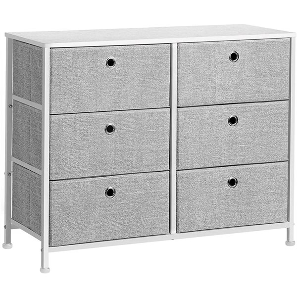 Boutique Home 6-Drawer White Wooden Tabletop and Grey Fabric Double Storage Dresser