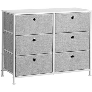 Boutique Home 6-Drawer White Wooden Tabletop and Grey Fabric Double Storage Dresser