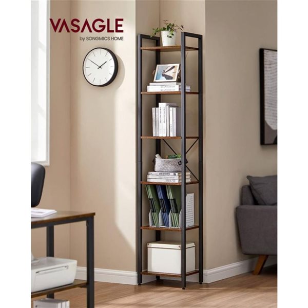 6-Tier Metal Frame Bookcase, Rustic Brown outlet