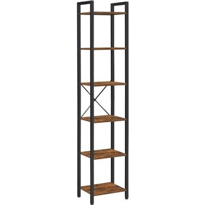 Boutique Home 16 W x 74-in H 6-Tier Rustic Brown Narrow Bookshelf with Black Steel Frame