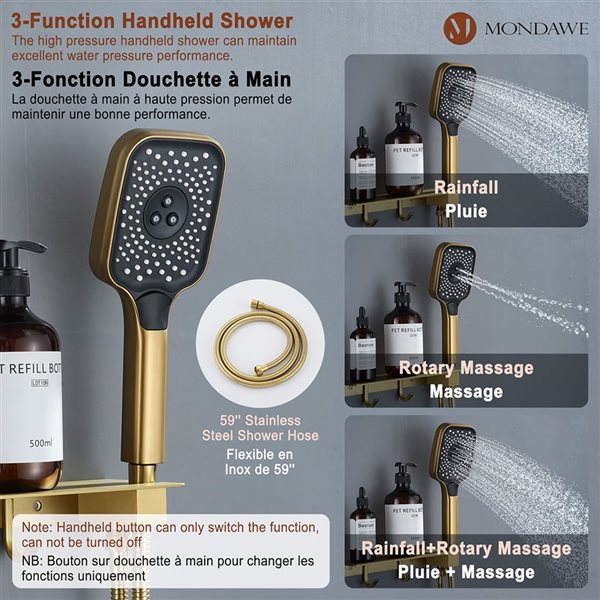 Mondawe 12-in Thermostatic 3-Function Brushed Gold Built-In Shower Faucet System with Body Sprays