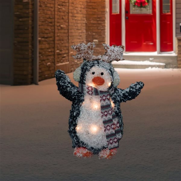 Northlight 22-in Freestanding Lighted Snowy Penguin in Antler Hat