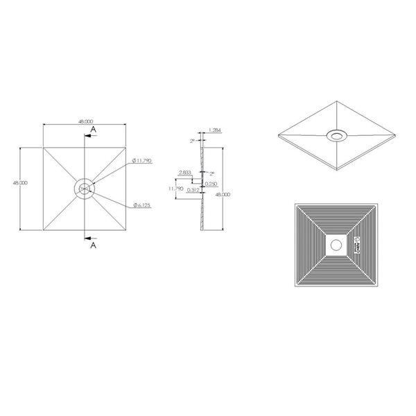 Receveur de douche AlinO à drain carré collé avec membrane pour sortie de drain centrale 48 x 48 po