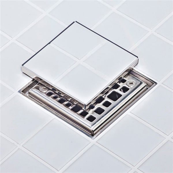 Drain de douche en ABS AlinO avec grille et carrelage en acier inoxydable chromé 4 x 4 po