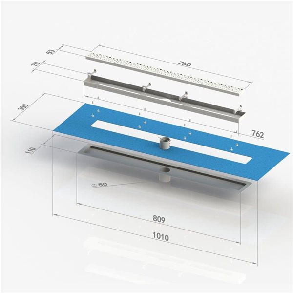 Drain de douche linéaire AlinO avec grille et carrelage en acier inoxydable chromé 30 po