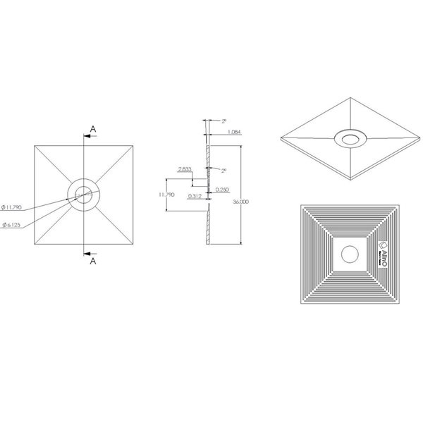 Receveur de douche à drain carré collé avec membrane pour sortie de drain centrale AlinO 36 x 36 po