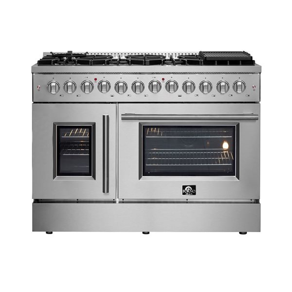 Cuisinière autoportante biénergie de 48 po à 8 brûleurs, à porte bilatérale Galiano de FORNO, acier inoxydable