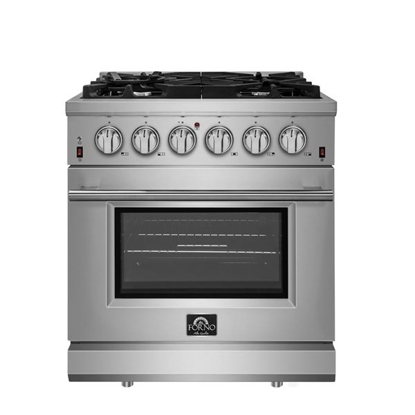 Cuisinière à gaz Lazio de FORNO 70 000 BTU 30 po 5 brûleurs four à convection 4,32 pi³, acier inoxydable