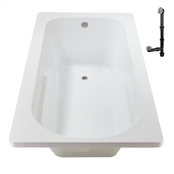 Streamline 66-in x 34-in Glossy White Acrylic Soaking Drop-In Bathtub with Brushed Nickel External Drain