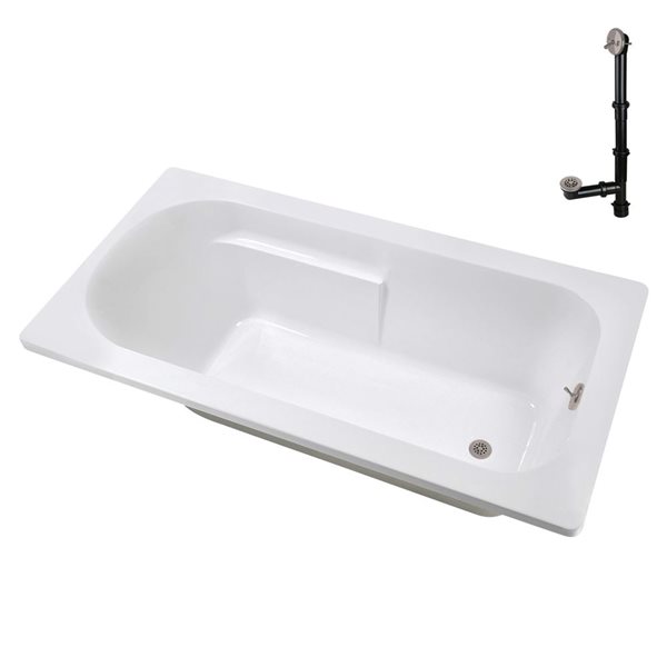 Streamline 66-in x 34-in Glossy White Acrylic Soaking Drop-In Bathtub with Brushed Nickel External Drain