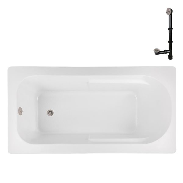 Streamline 66-in x 34-in Glossy White Acrylic Soaking Drop-In Bathtub with Brushed Nickel External Drain