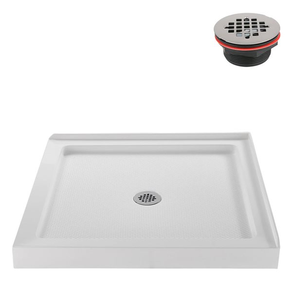 Base de douche d'angle Streamline en acrylique 36 po x 36 po blanc brillant avec drain central et drain ABS inclus