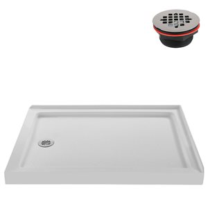 Base de douche d'angle Streamline en acrylique 48 po x 36 po blanc brillant avec drain à gauche et drain ABS inclus