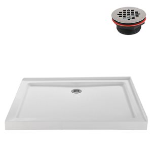 Base de douche d'angle Streamline en acrylique 48 po x 36 po blanc brillant avec drain à gauche et drain ABS inclus