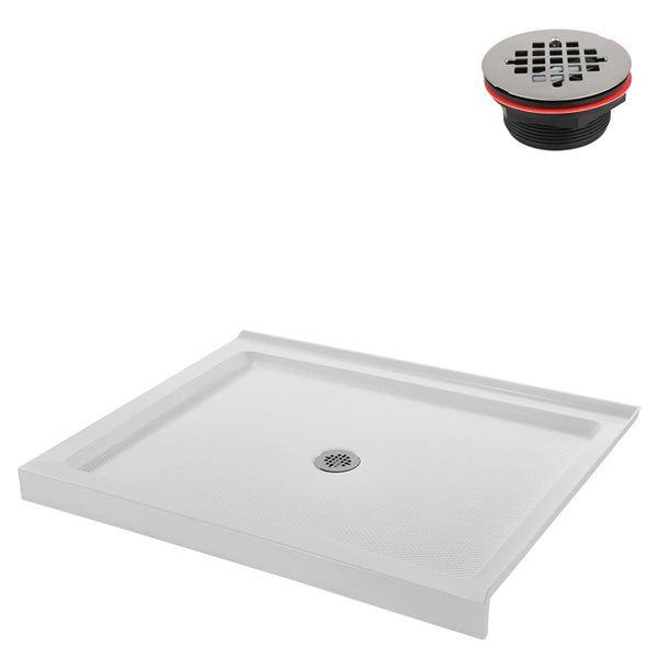 Base de douche d'angle Streamline en acrylique 48 po x 36 po blanc brillant avec drain central et drain ABS inclus