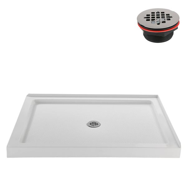 Base de douche d'angle Streamline en acrylique 48 po x 36 po blanc brillant avec drain central et drain ABS inclus