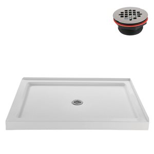 Base de douche d'angle Streamline en acrylique 48 po x 36 po blanc brillant avec drain central et drain ABS inclus