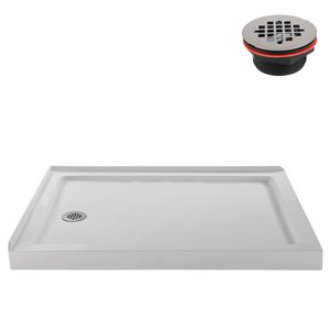 Base de douche d'angle Streamline en acrylique 48 po x 36 po blanc brillant avec drain à gauche et drain ABS inclus