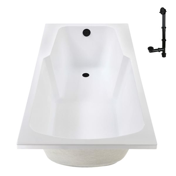 Streamline 66-in x 34-in Glossy White Acrylic Soaking Drop-In Bathtub with Matte Black External Drain