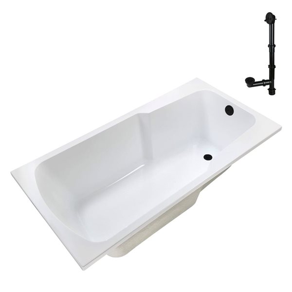 Streamline 66-in x 34-in Glossy White Acrylic Soaking Drop-In Bathtub with Matte Black External Drain