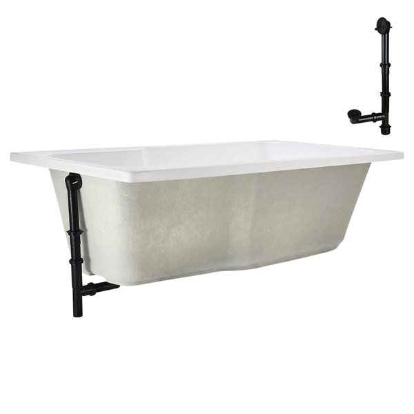 Streamline 66-in x 34-in Glossy White Acrylic Soaking Drop-In Bathtub with Matte Black External Drain