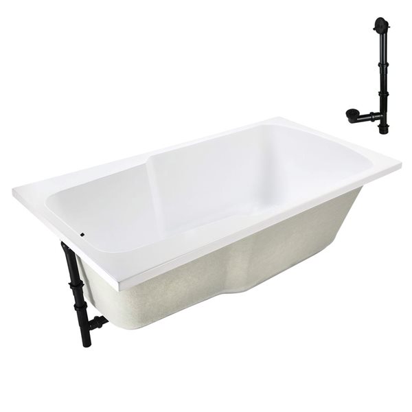 Streamline 66-in x 34-in Glossy White Acrylic Soaking Drop-In Bathtub with Matte Black External Drain