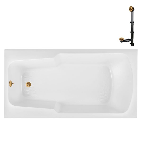 Streamline 66-in x 34-in Glossy White Acrylic Soaking Drop-In Bathtub with Brushed Gold External Drain