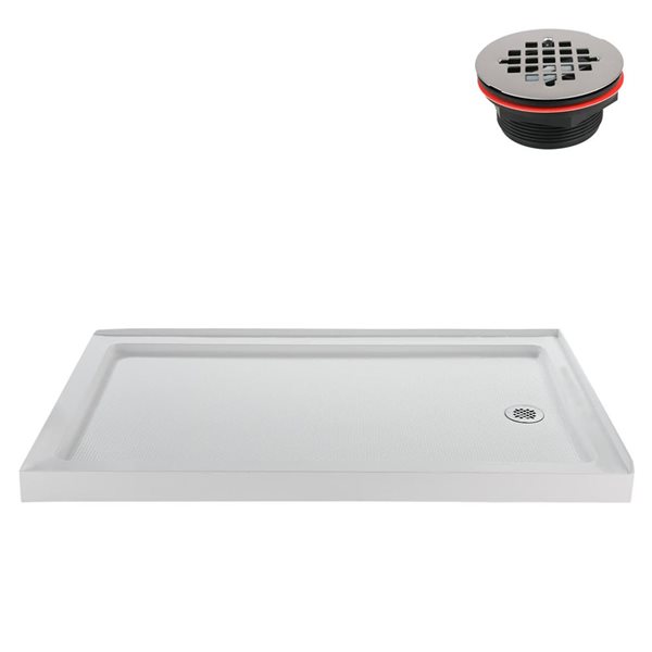 Base de douche d'angle Streamline en acrylique 60 po x 36 po blanc brillant avec drain à droite et drain ABS inclus