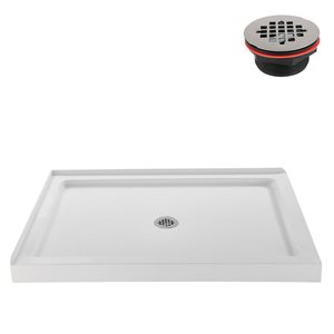 Base de douche d'angle Streamline en acrylique 48 po x 36 po blanc brillant avec drain central et drain ABS inclus