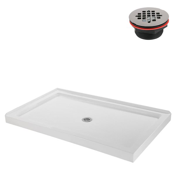 Base de douche d'angle Streamline en acrylique 60 po x 36 po blanc brillant avec drain central et drain ABS inclus