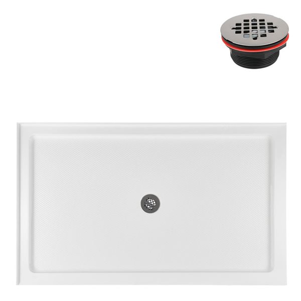 Base de douche d'angle Streamline en acrylique 60 po x 36 po blanc brillant avec drain central et drain ABS inclus