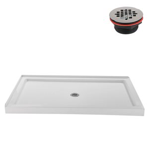 Base de douche d'angle Streamline en acrylique 60 po x 36 po blanc brillant avec drain central et drain ABS inclus