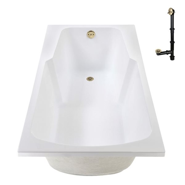 Streamline 66-in x 34-in Glossy White Acrylic Soaking Drop-In Bathtub with Polished Brass External Drain