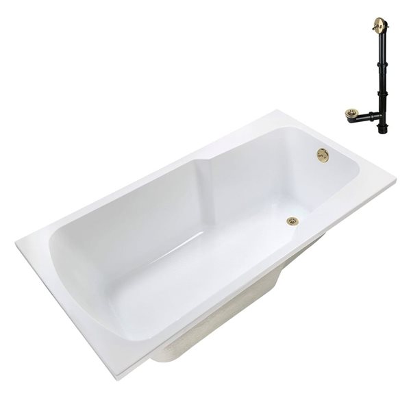 Streamline 66-in x 34-in Glossy White Acrylic Soaking Drop-In Bathtub with Polished Brass External Drain