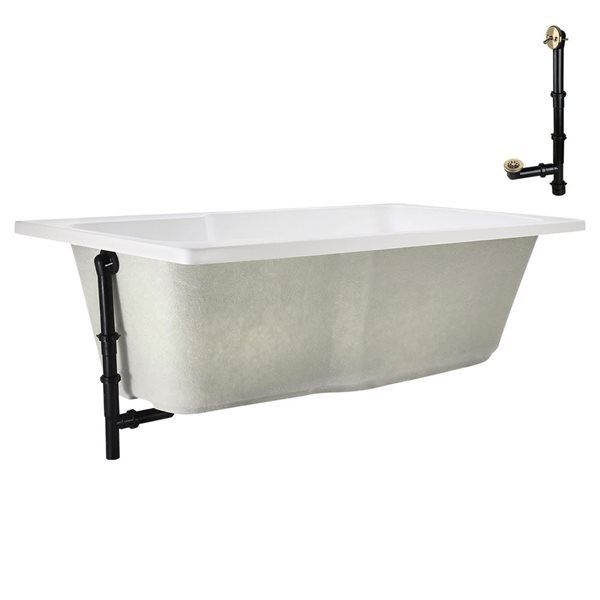 Streamline 66-in x 34-in Glossy White Acrylic Soaking Drop-In Bathtub with Polished Brass External Drain