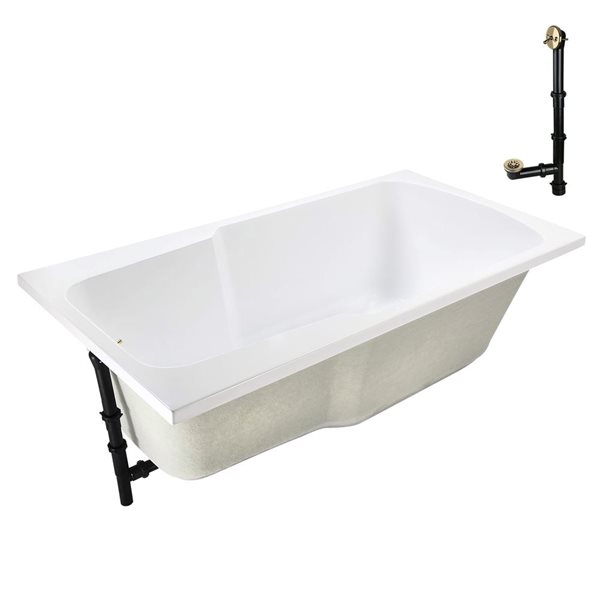 Streamline 66-in x 34-in Glossy White Acrylic Soaking Drop-In Bathtub with Polished Brass External Drain