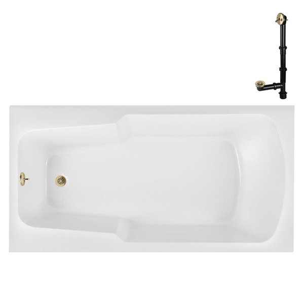 Streamline 66-in x 34-in Glossy White Acrylic Soaking Drop-In Bathtub with Polished Brass External Drain