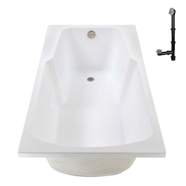 Streamline 66-in x 34-in Glossy White Acrylic Soaking Drop-In Bathtub with Brushed Nickel External Drain