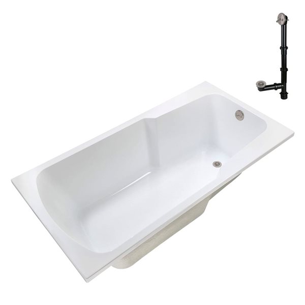 Streamline 66-in x 34-in Glossy White Acrylic Soaking Drop-In Bathtub with Brushed Nickel External Drain