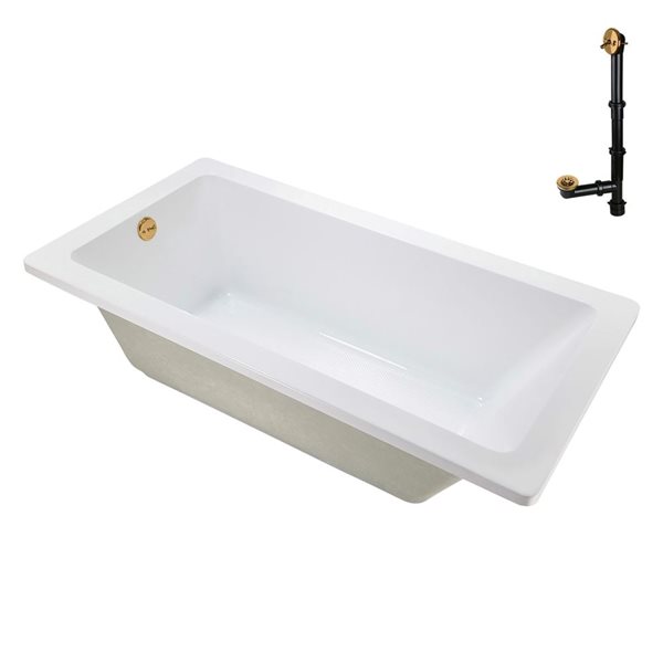 Streamline 66-in x 34-in Glossy White Acrylic Soaking Drop-In Bathtub with Brushed Gold External Drain