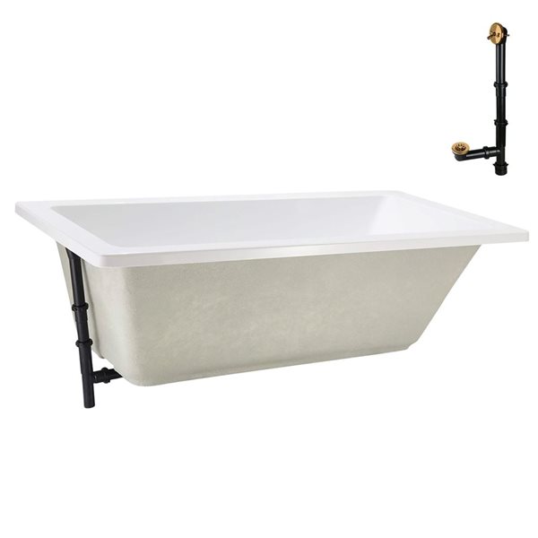 Streamline 66-in x 34-in Glossy White Acrylic Soaking Drop-In Bathtub with Brushed Gold External Drain