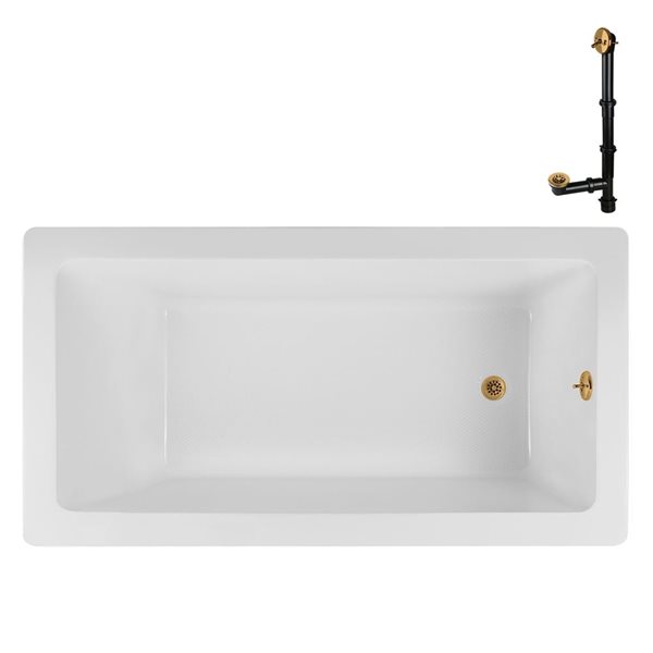 Streamline 66-in x 34-in Glossy White Acrylic Soaking Drop-In Bathtub with Brushed Gold External Drain