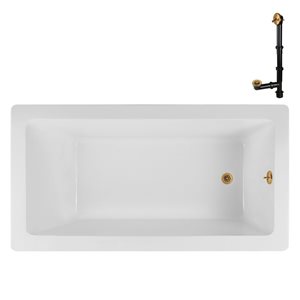 Streamline 66-in x 34-in Glossy White Acrylic Soaking Drop-In Bathtub with Brushed Gold External Drain