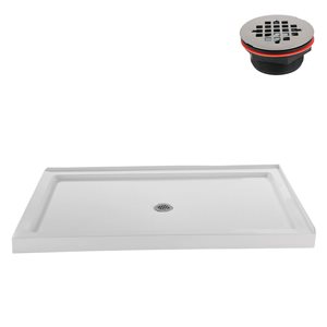 Base de douche d'angle Streamline en acrylique 60 po x 36 po blanc brillant avec drain central et drain ABS inclus