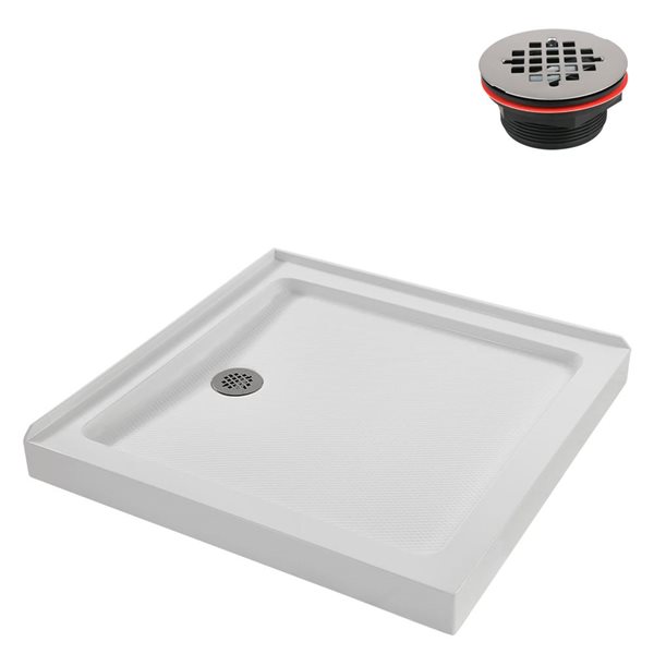 Base de douche d'angle Streamline en acrylique 36 po x 36 po,blanc brillant,avec drain à gauche,ABS drain inclus