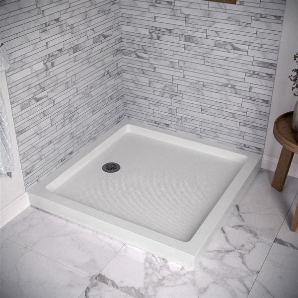 Base de douche d'angle Streamline en acrylique 36 po x 36 po,blanc brillant,avec drain à gauche,ABS drain inclus