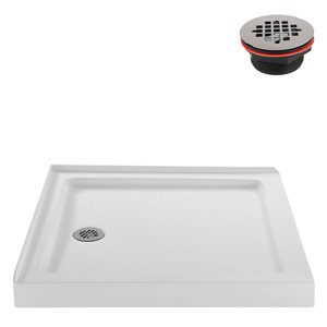 Base de douche d'angle Streamline en acrylique 36 po x 36 po,blanc brillant,avec drain à gauche,ABS drain inclus