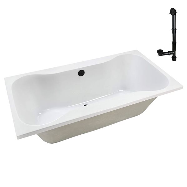 Streamline 66-in x 34-in Glossy White Acrylic Soaking Drop-In Bathtub with Matte Black External Drain