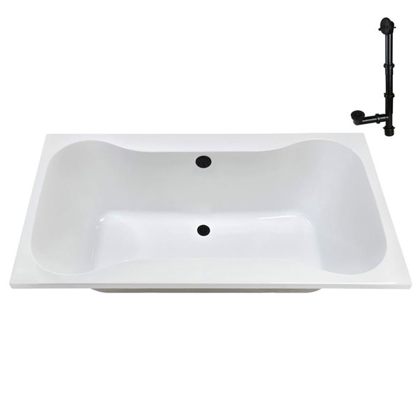 Streamline 66-in x 34-in Glossy White Acrylic Soaking Drop-In Bathtub with Matte Black External Drain